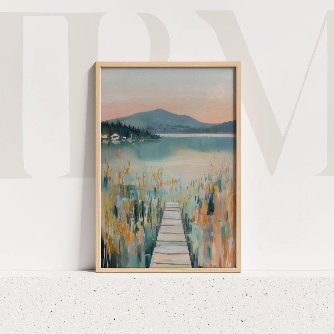 Pastel Lake Dock Mountain Landscape Serene Waterscape Wall Art