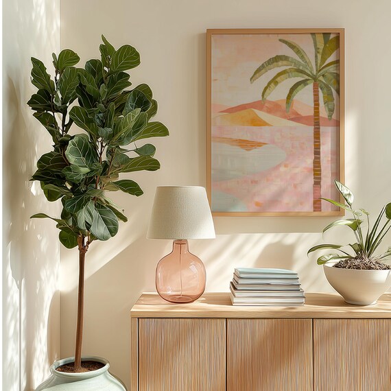 Palm Tree Sunset Pastel Pink Desert Coastal Landscape Art Poster