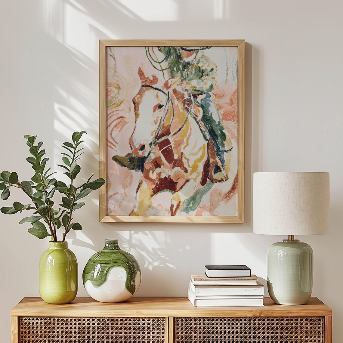 Abstract Cowboy Horse Print Western Wall Art In Pink And Green Boho Style