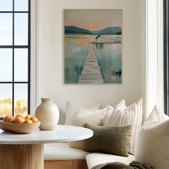 Serene Lake House Dock Pastel Waterscape Mountain Cabin Poster