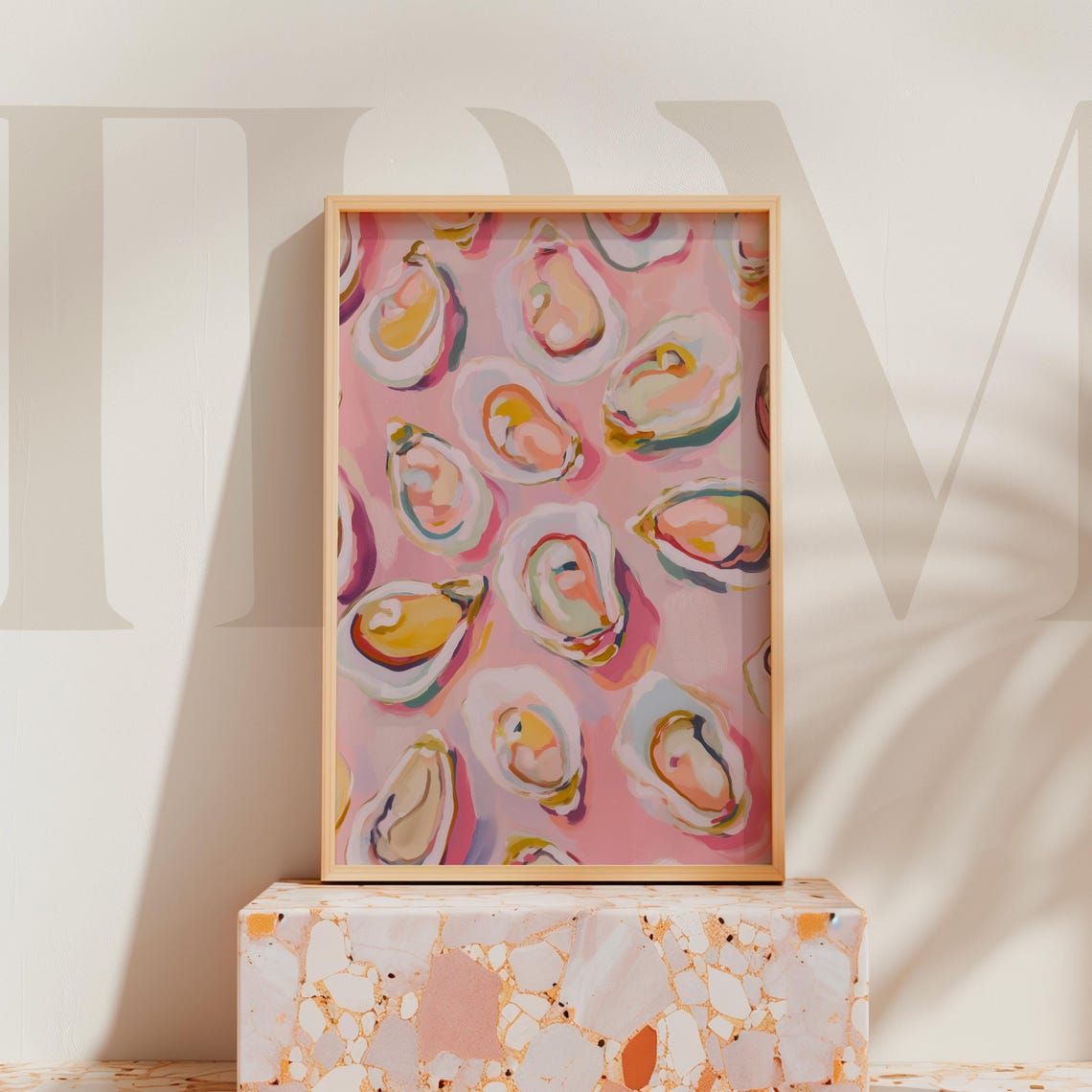 Pink Oysters Half Shell Pattern Coastal Kitchen Painting Poster