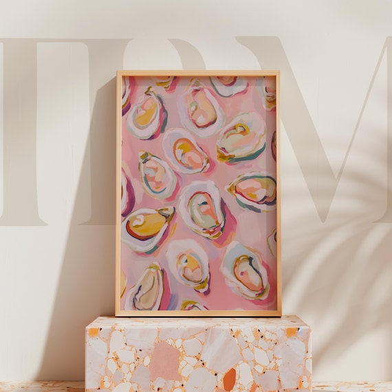 Pink Oysters Half Shell Pattern Coastal Kitchen Painting Poster
