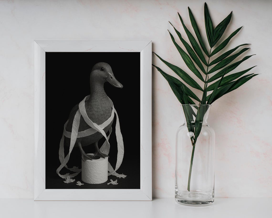 Funny Black and White Duck Wrapped in Toilet Paper Bathroom Poster