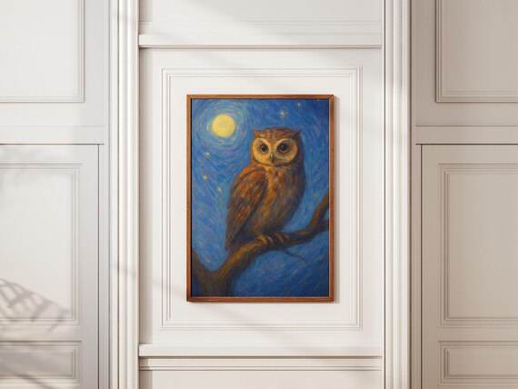 Owl Art Print Night Sky Painting Kids Room Decor