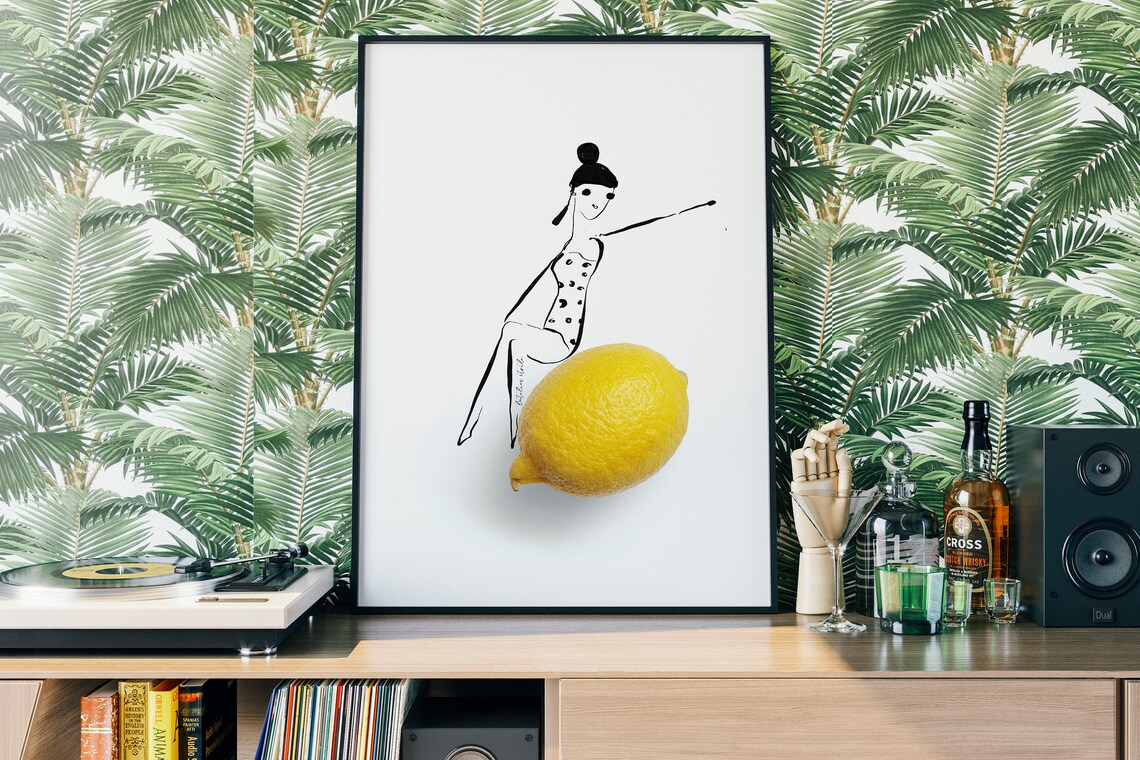 Lemon Girl Polka Dot Swimsuit Fashion Line Art Illustration Poster - Image 4