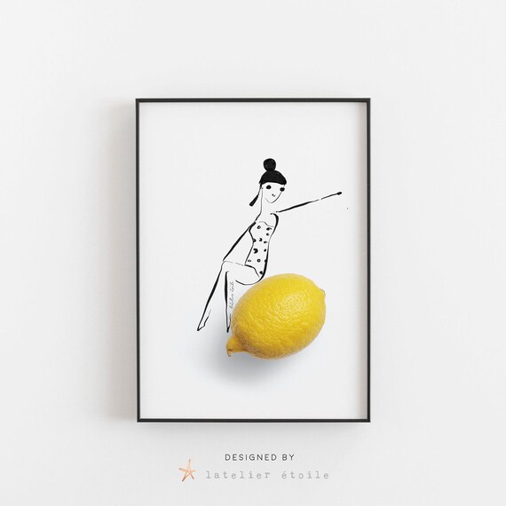 Lemon Print Lemon Poster Whimsical Print Fashion Print Fashion Illustration Food Illustration Real Food Illustration Lemon Art Work