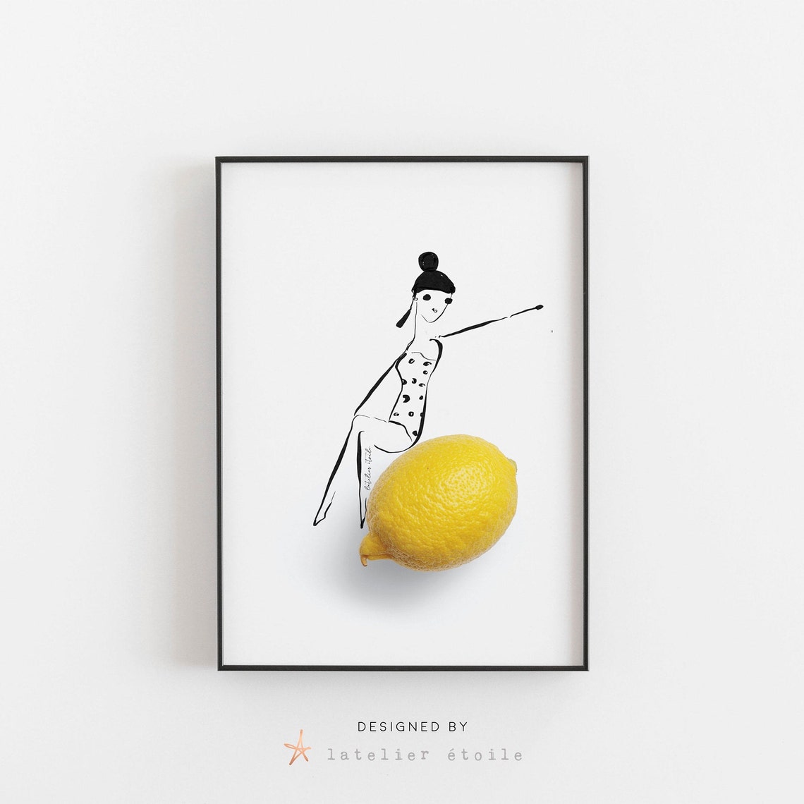 Lemon Girl Polka Dot Swimsuit Fashion Line Art Illustration Poster
