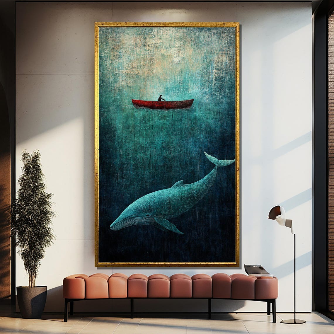 Whale and Red Boat Minimalist Deep Sea Ocean Teal Canvas Poster - Image 4