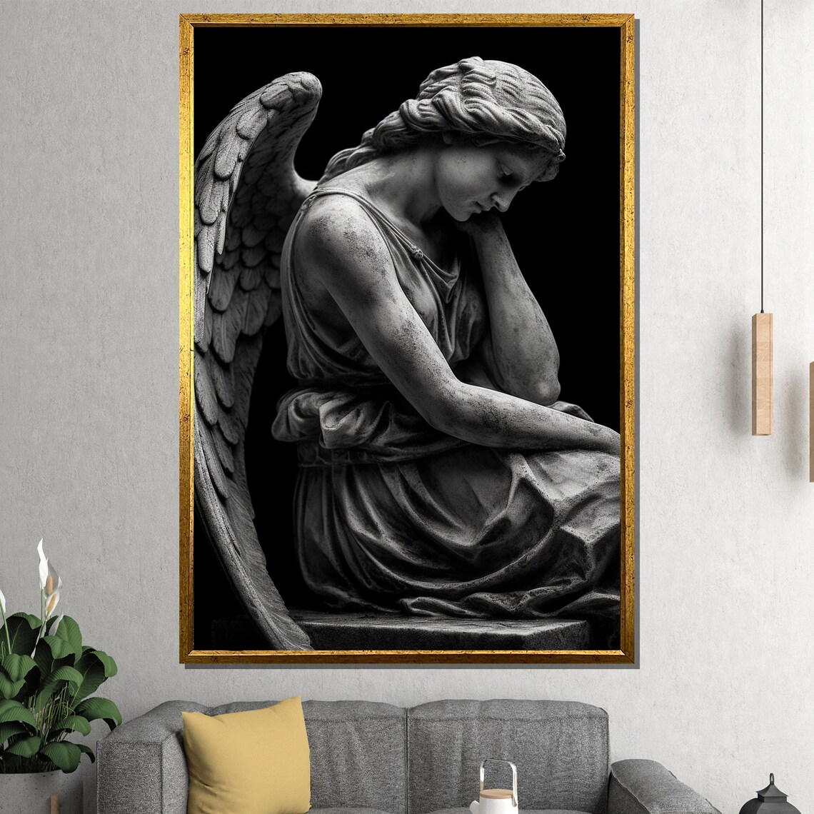 Guardian Angel Statue Black White Vintage Cemetery Sculpture Poster