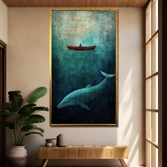 Whale And Boat Minimalist Ocean Art Dreamy Deep Sea Canvas Painting With Blue Red Canoe For Calm Thoughtful Wall Decor