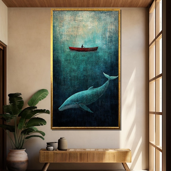 Whale and Red Boat Minimalist Deep Sea Ocean Teal Canvas Poster