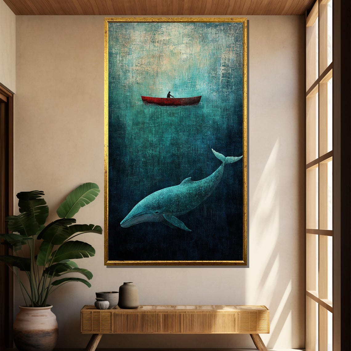 Whale and Red Boat Minimalist Deep Sea Ocean Teal Canvas Poster