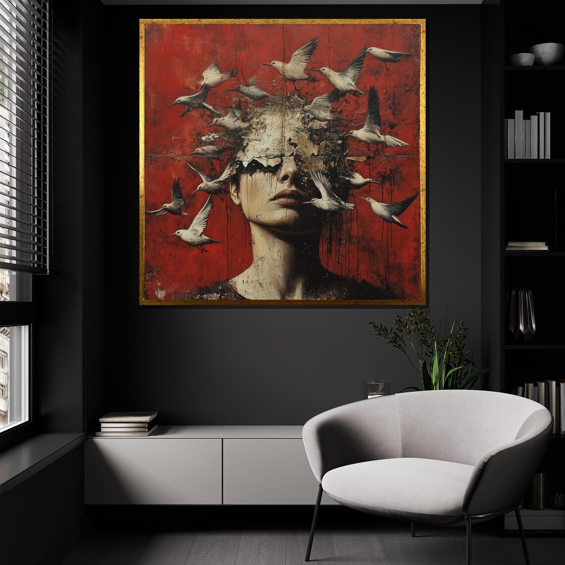 Woman with Doves Flying Around Head Crimson Red Surreal Portrait Poster - Image 4