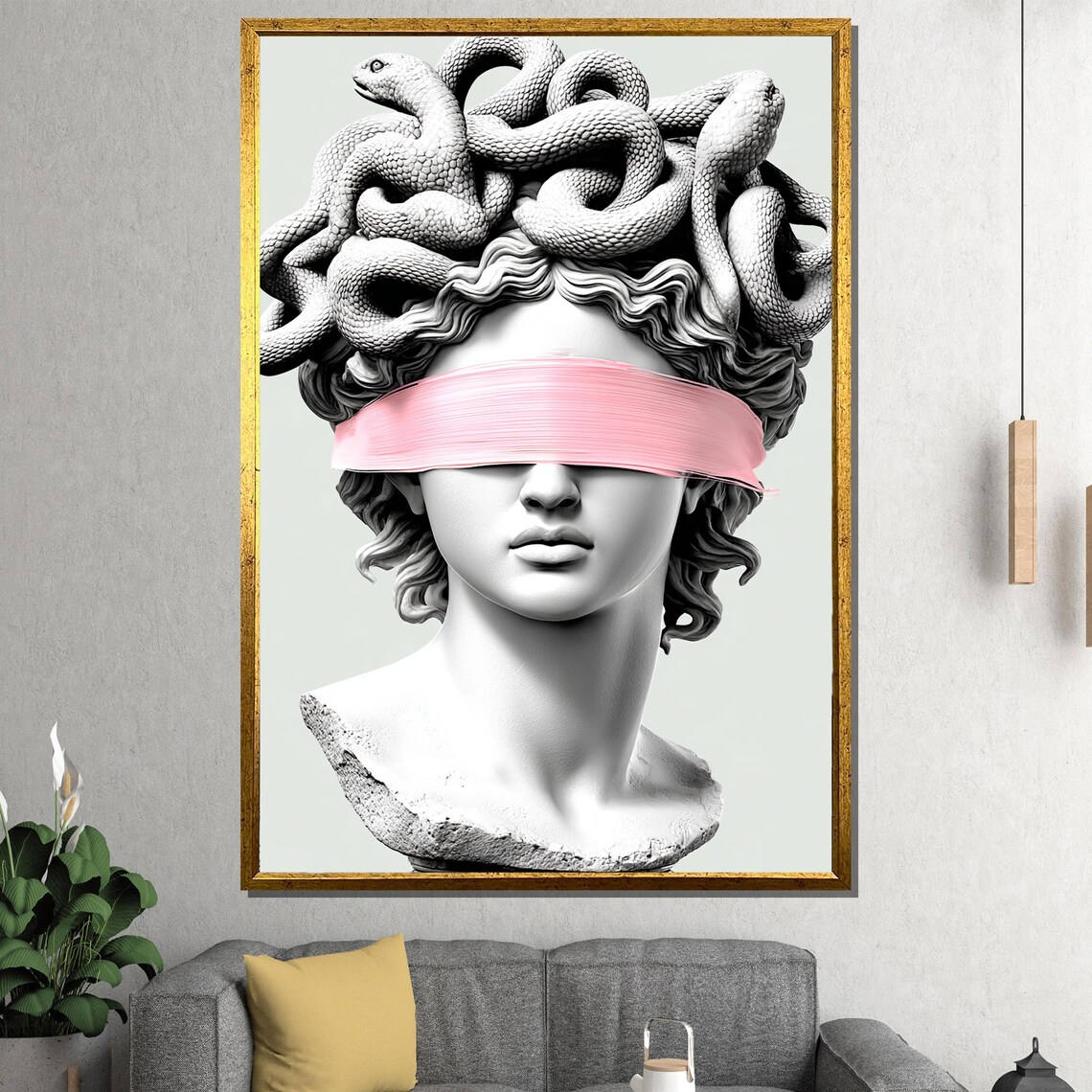 Medusa Bust Sculpture With Pink Blindfold Greek Mythology Poster