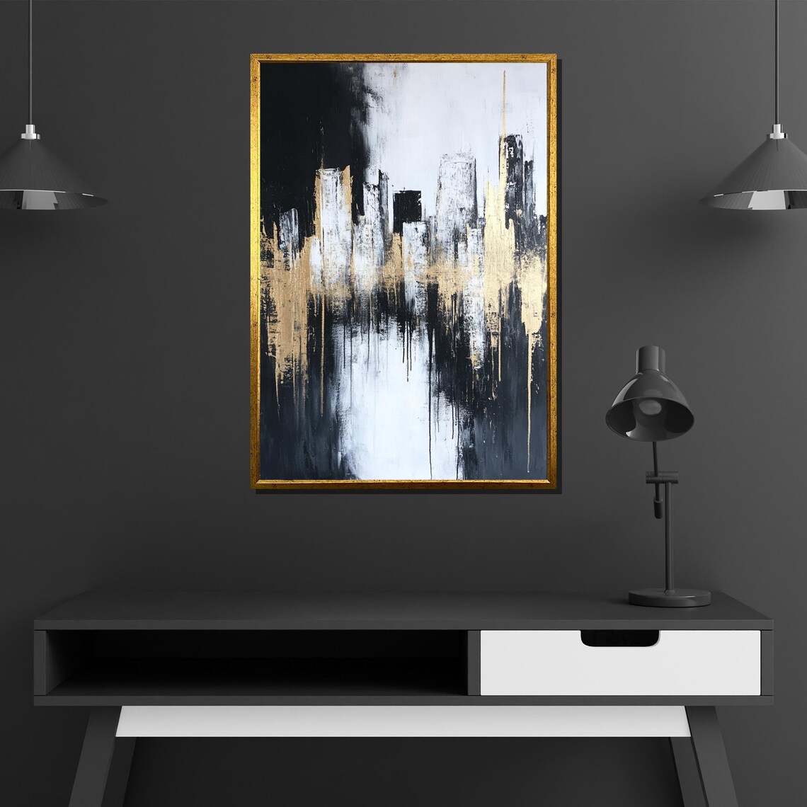 Abstract City Skyline Black White Gold Brushstroke Art Poster - Image 2
