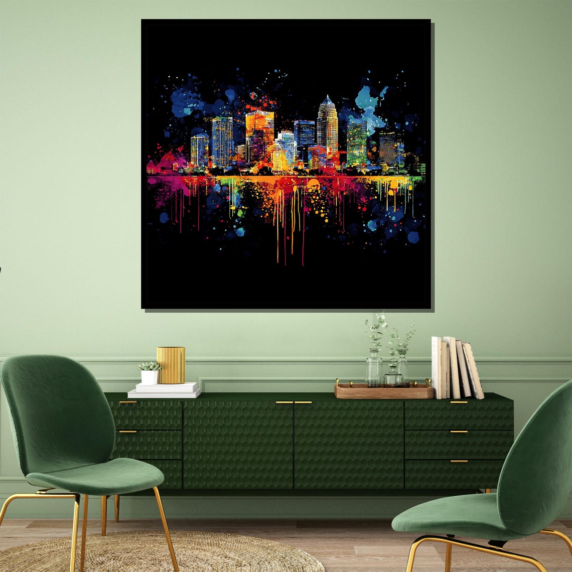 Vibrant Neon Skyline Graffiti Splash City Night Urban Art Poster - Image 3