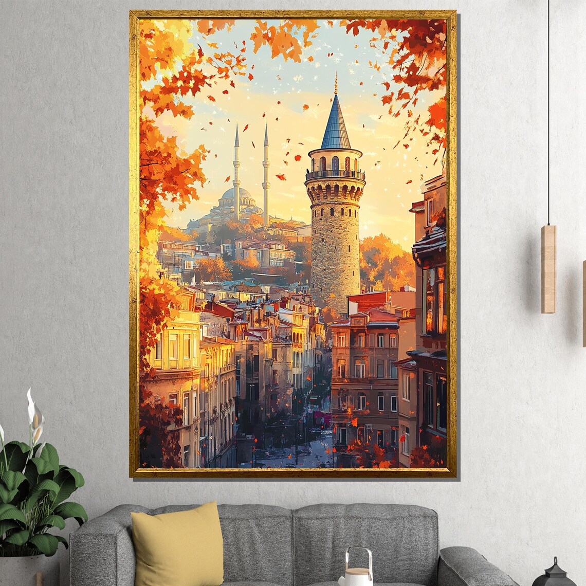 Galata Tower Istanbul Autumn Golden Leaves City Skyline Poster