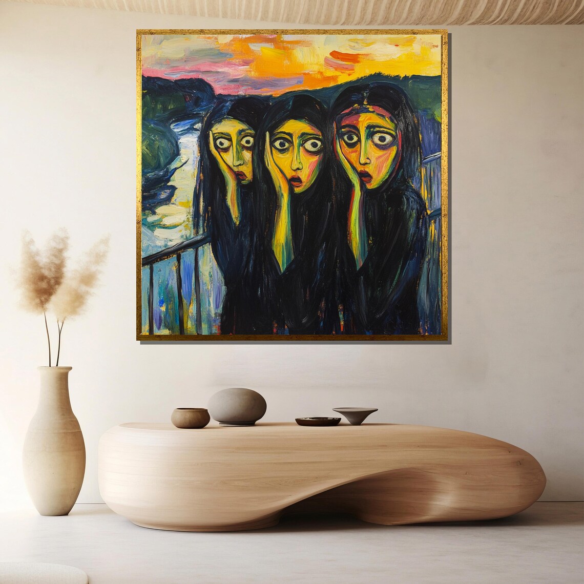 Three Screaming Women Munch Inspired Expressionist Colorful Faces Poster