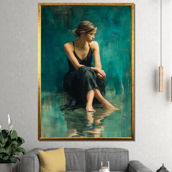 Contemplative Woman in Black Dress by Still Water Teal Figurative Painting Poster