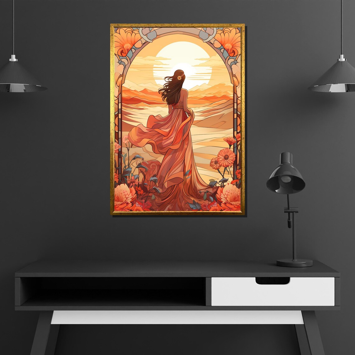 Woman Watching Sunset Art Nouveau Style Floral Golden Arch Poster - Image 4