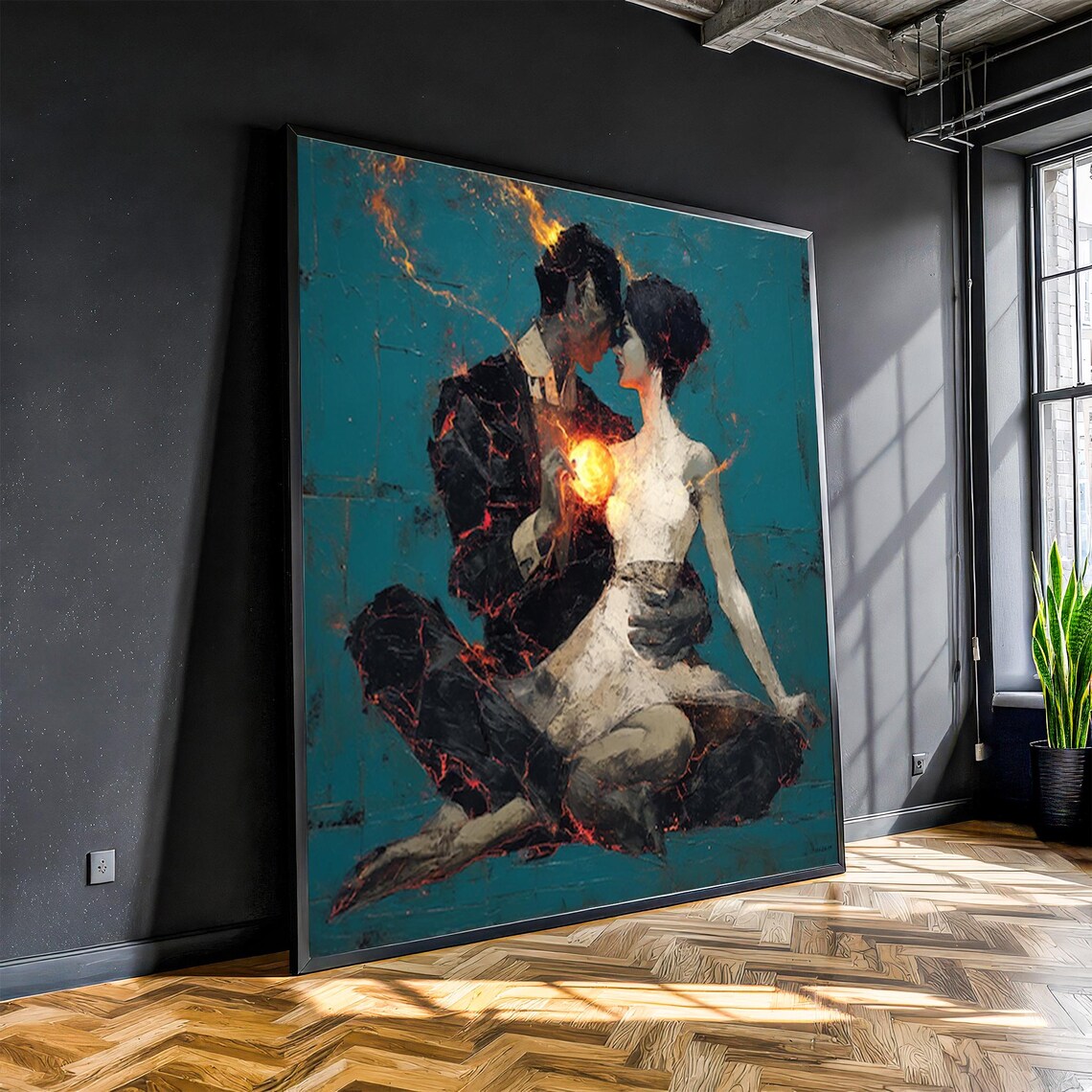 Lovers Embrace With Glowing Heart Romantic Dark Teal Art Poster