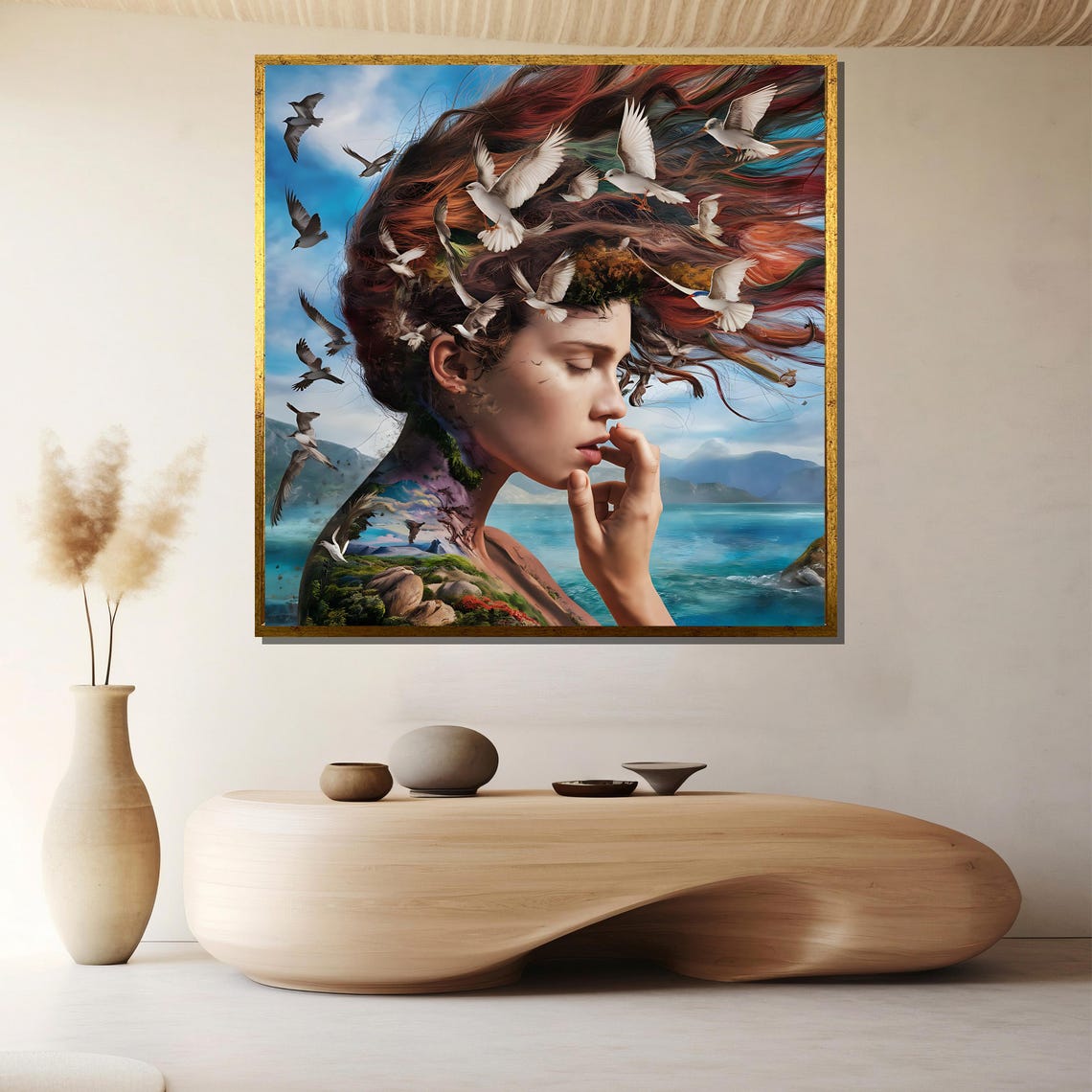 Nature Spirit Woman Seashore Double Exposure Birds Flying Art Poster