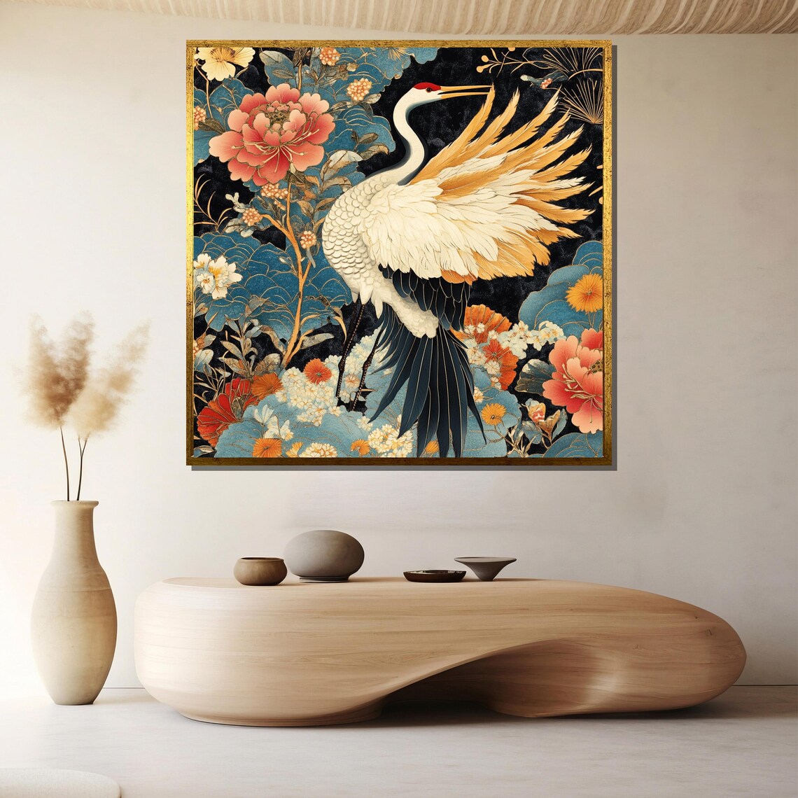 Elegant White Crane Peony Blossoms Japanese Floral Art Poster - Image 2