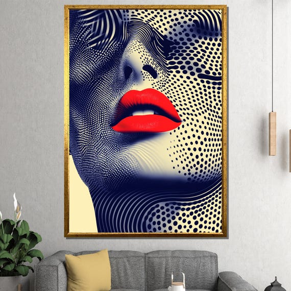 Pop Art Woman Lips Canvas Painting Bold Red And Black Modern Wall Ready To Hang Gift For Her Contemporary Decor