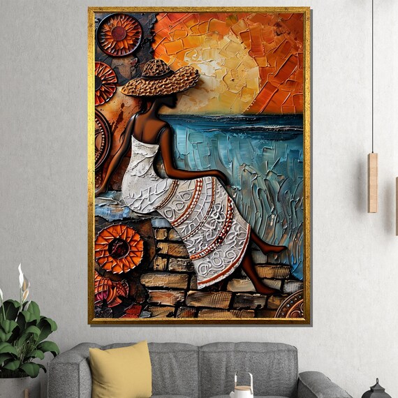 Silhouette Woman in White Dress with Straw Hat by the Sea Sunset Painting Poster