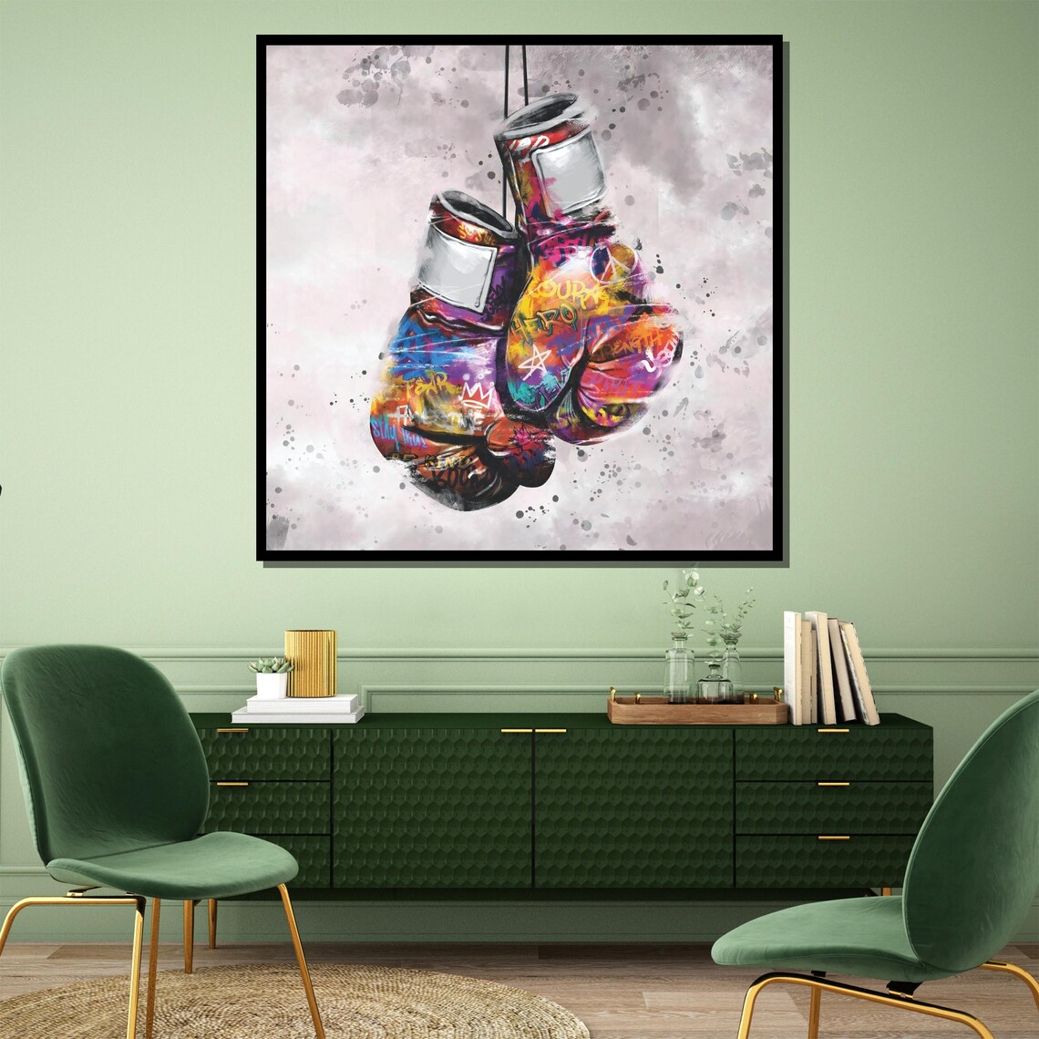 Hanging Boxing Gloves Covered In Colorful Graffiti Street Art Poster - Image 2