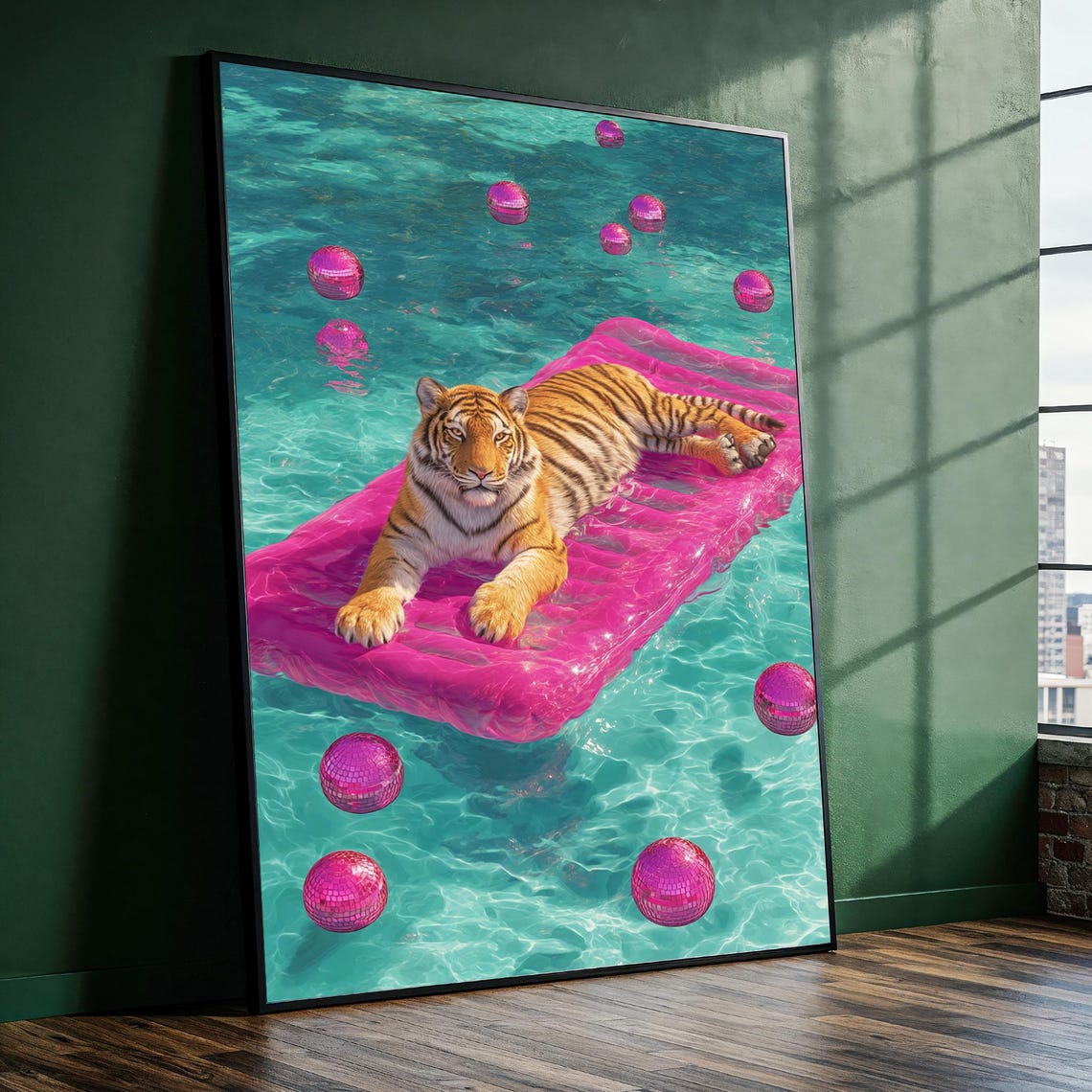 Tiger Lounging on Pink Pool Float Disco Balls Surreal Summer Poster