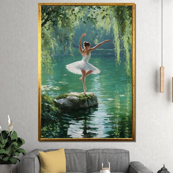 Ballerina Lake Canvas Painting Nature Ballet Art On Rock Ready To Hang Gift Boho Wall