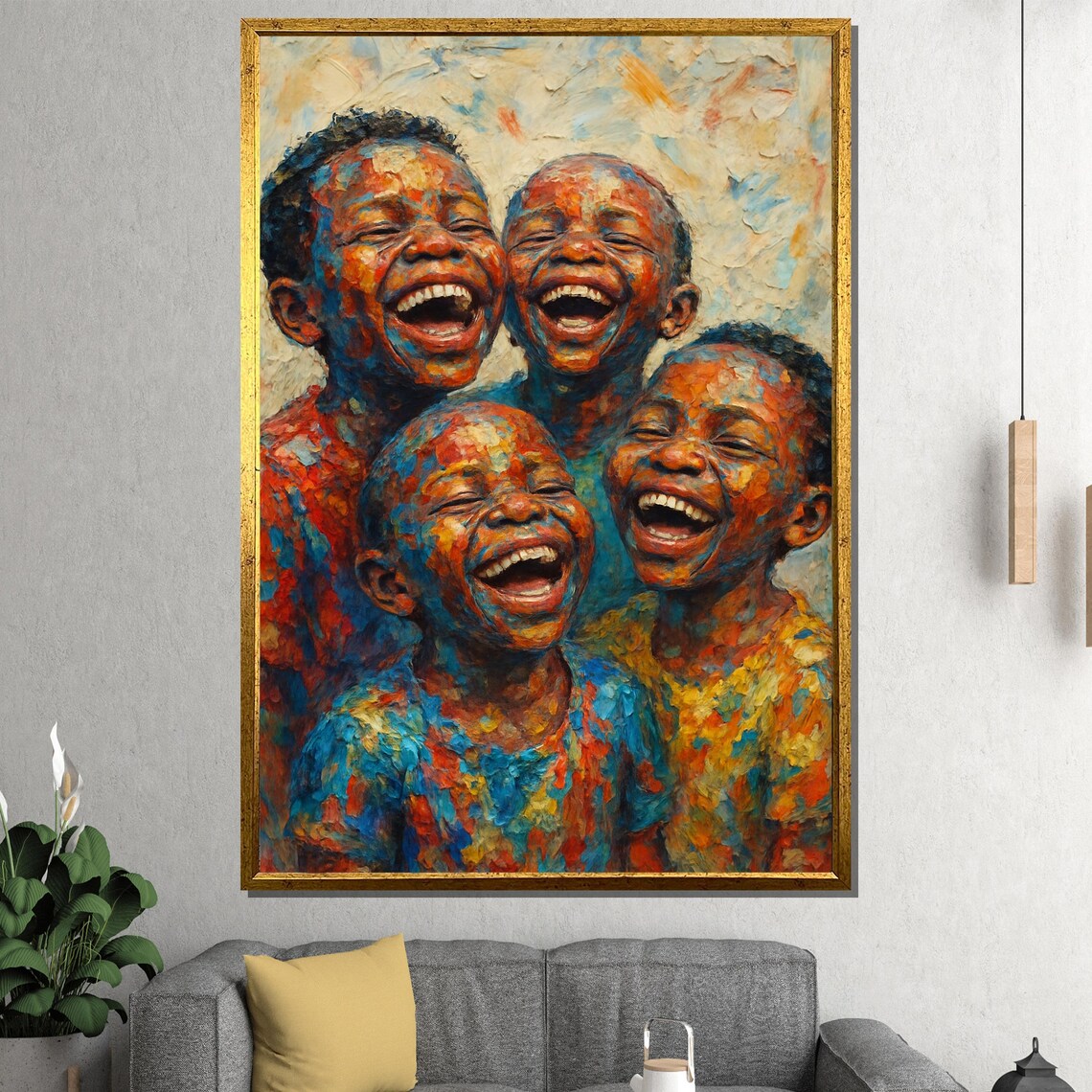 Four Joyful Children Laughing Together Colorful Impasto Portrait Painting Poster