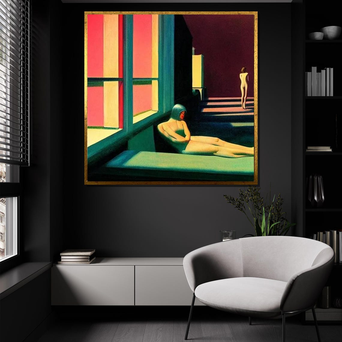 Edward Hopper Style Colorful Coastal Room Interior Figures Poster - Image 4