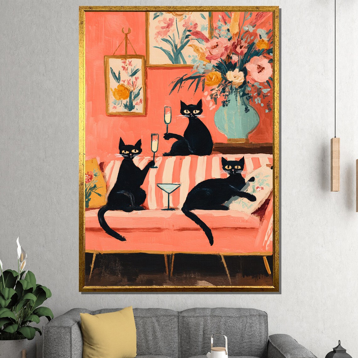 Three Black Cats Drinking Champagne on Pink Sofa Playful Pet Painting Poster - Image 4