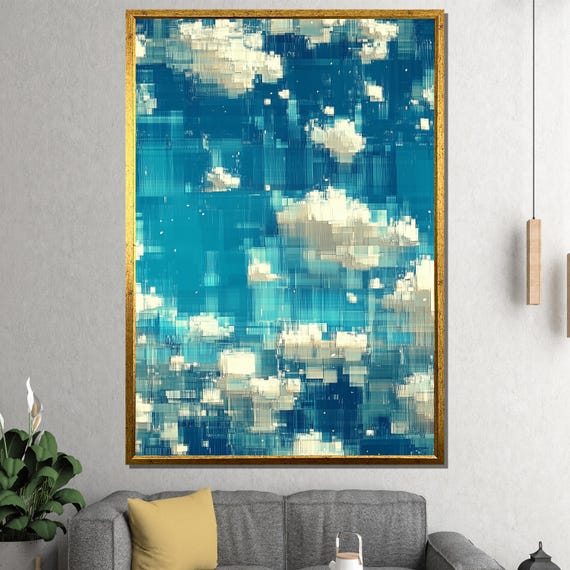 Pixelated Cloud Sky Canvas Painting Abstract Blue Wall Art Ready To Hang Gift For Modern And Lovers