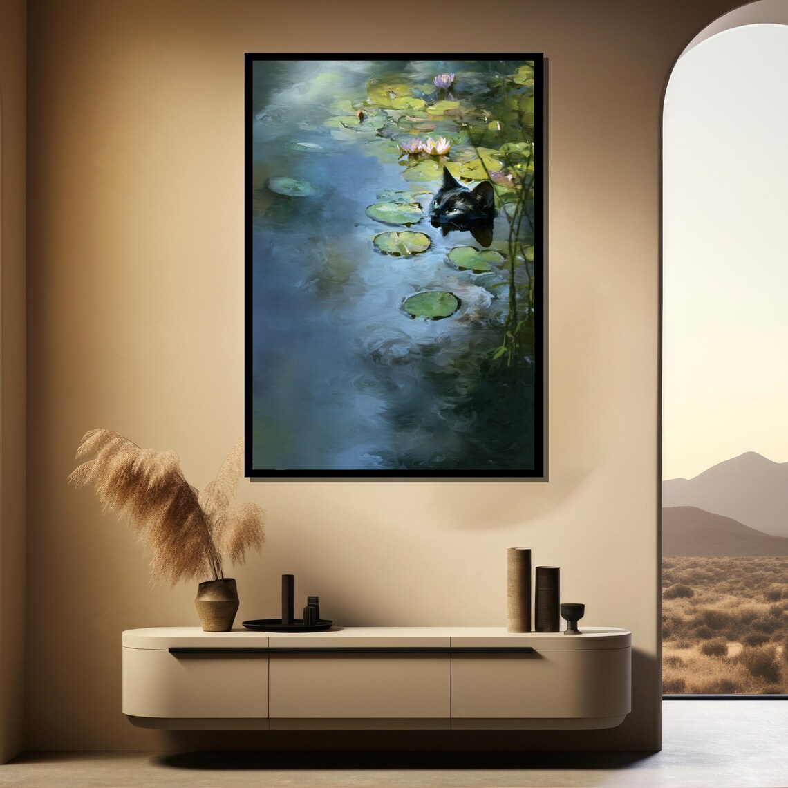 Black Cat Swimming Through Water Lilies Dreamy Impressionist Pet Painting Poster - Image 3