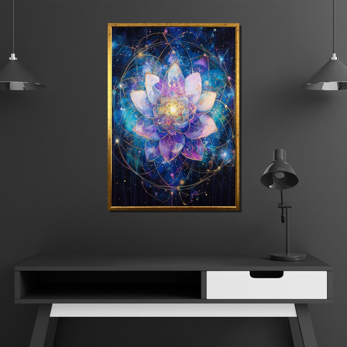 Cosmic Lotus Flower Galaxy Gold Lines Spiritual Bloom Poster - Image 2