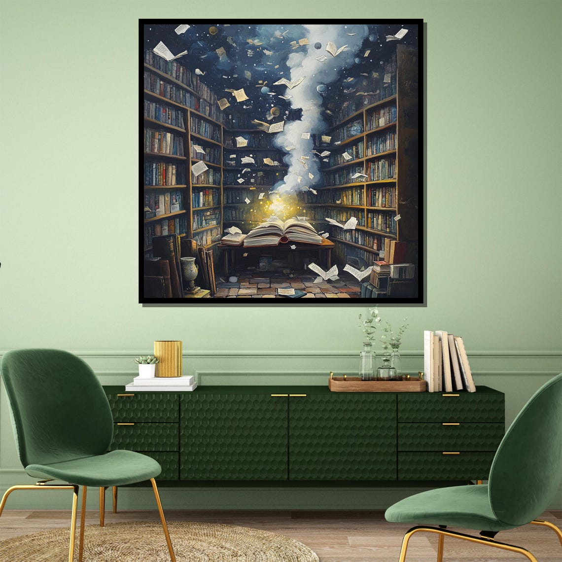 Magical Library Glowing Open Book Flying Pages Starry Night Poster - Image 3