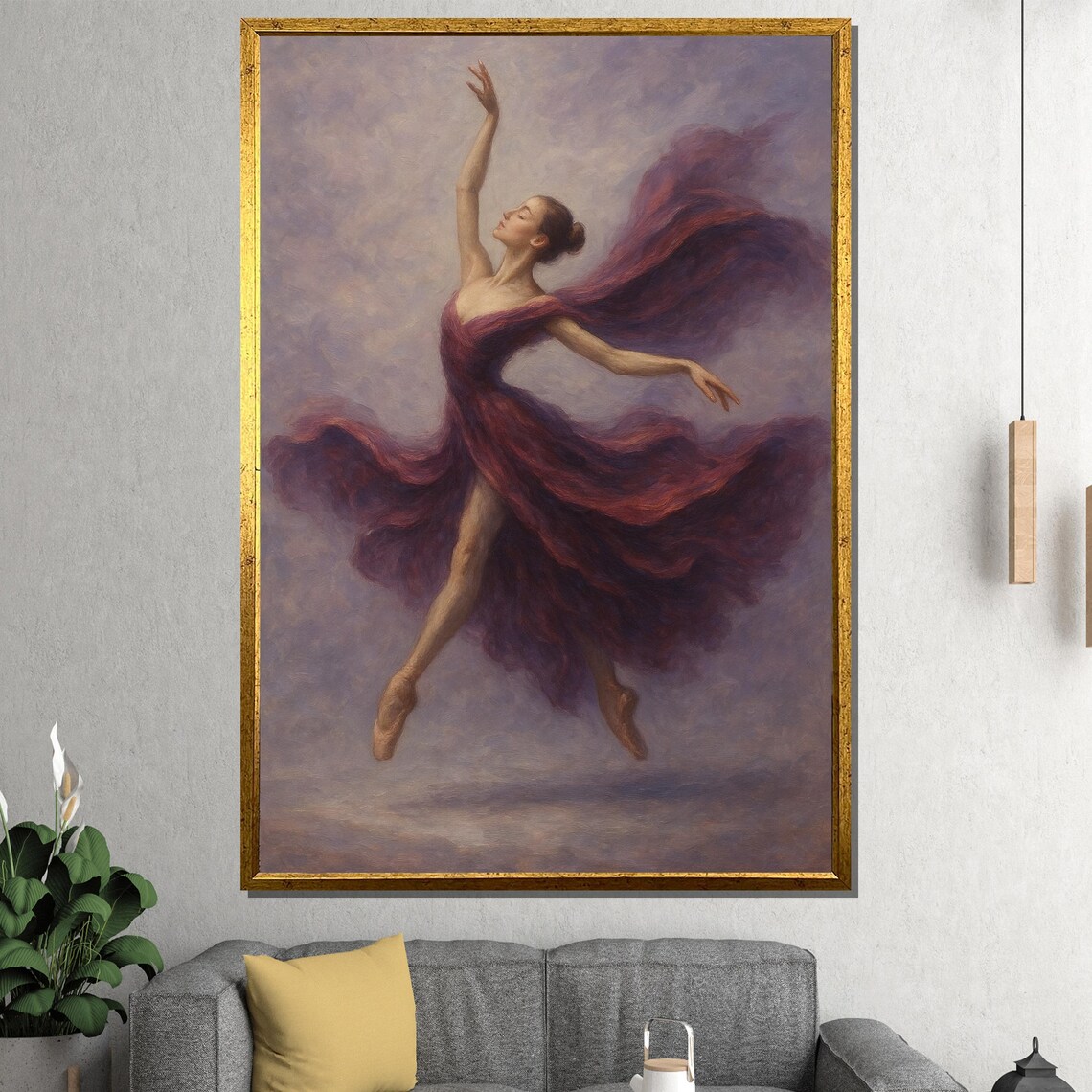 Ballerina In Flowing Burgundy Dress Romantic Dance Oil Painting Poster