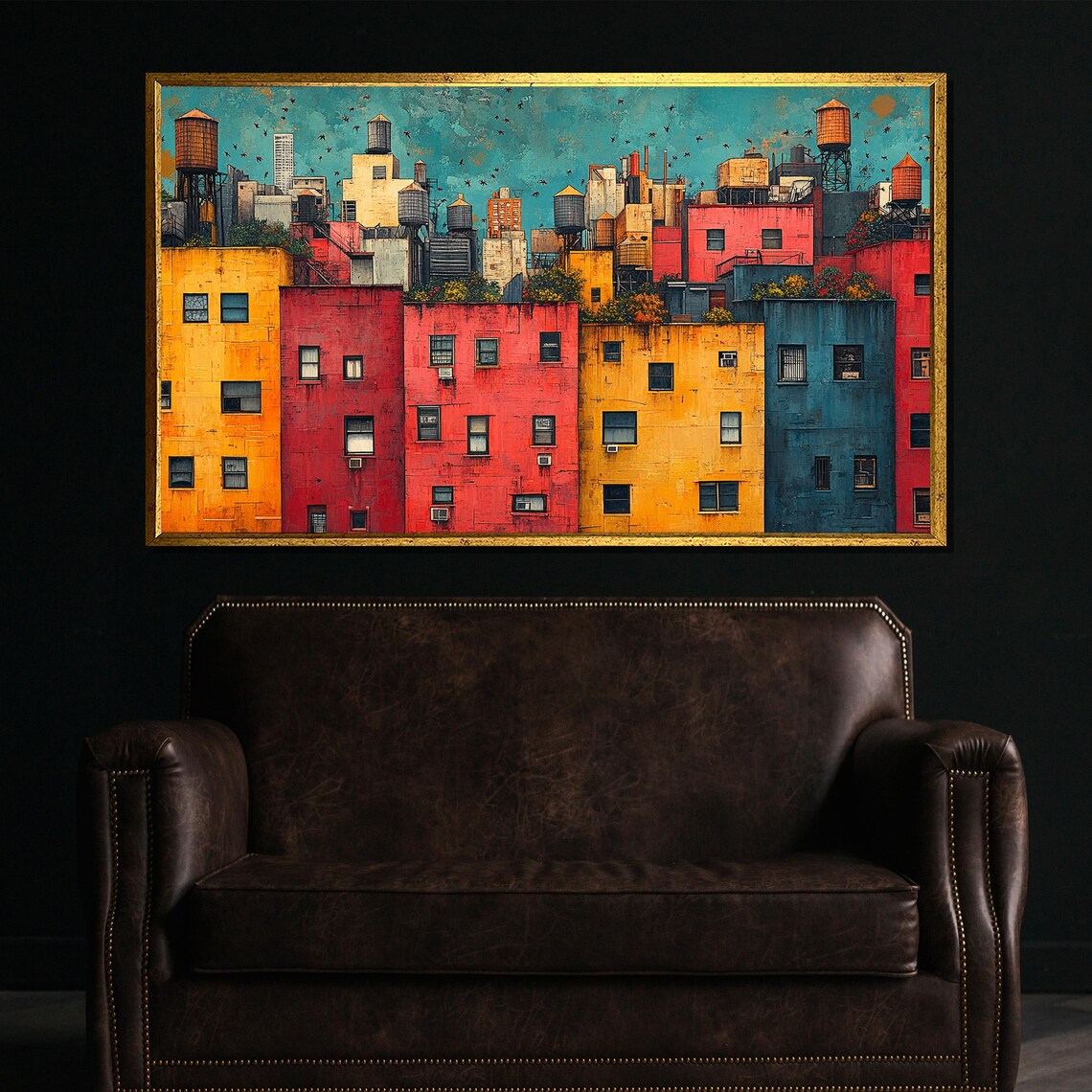 Colorful Urban Rooftop Cityscape Water Towers Modern Architecture Poster