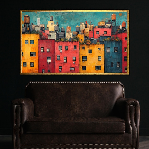 Colorful Urban Rooftop Cityscape Water Towers Modern Architecture Poster