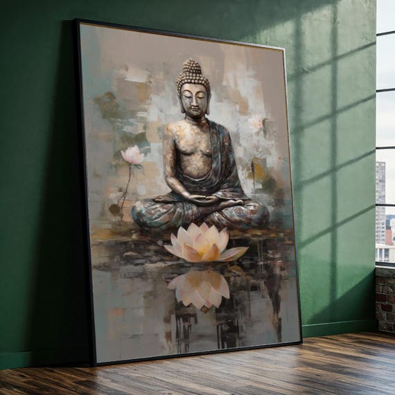 Calm Meditative Buddha Canvas Painting Ready To Hang Gift Zen Boho Wall Art Reflection Decor