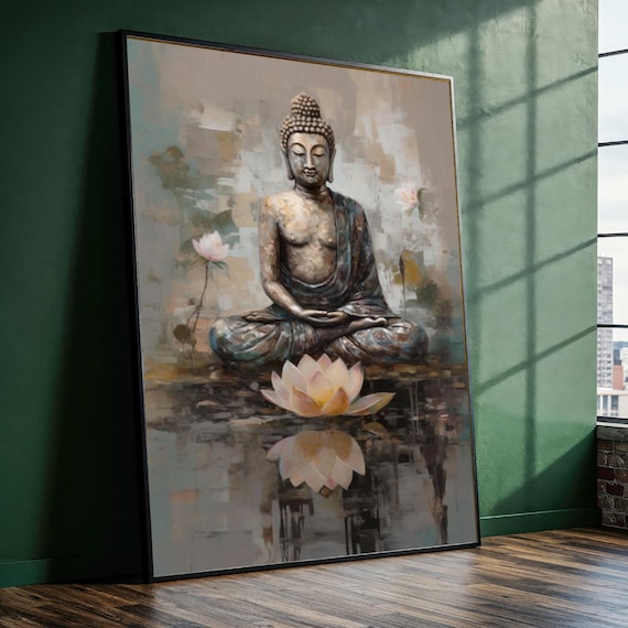 Meditating Buddha Lotus Flower Zen Spiritual Calm Oil Painting Poster