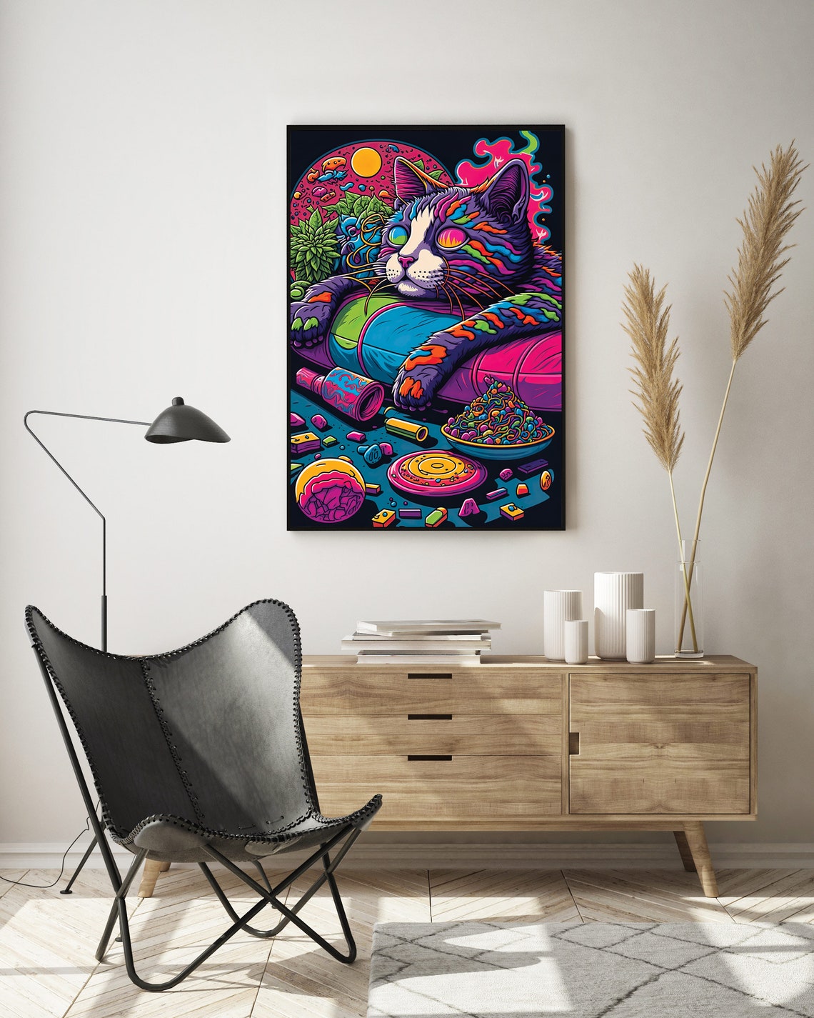 Trippy Relaxed Cat Lounging With Snacks Psychedelic Cat Art Poster - Image 5