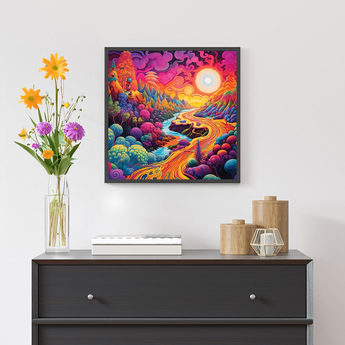 Psychedelic Rainbow Valley Road Trip Trippy Sunset Landscape Poster - Image 4
