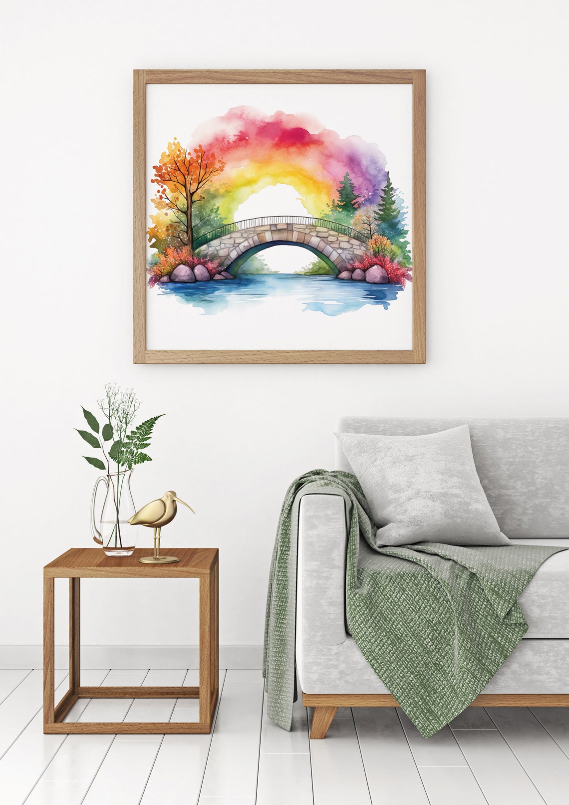 Stone Bridge Rainbow Watercolor Autumn River Serene Landscape Poster - Image 4