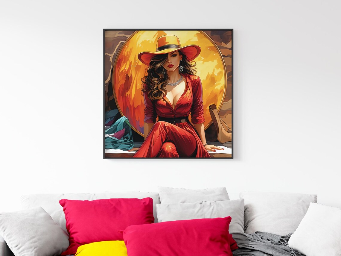 Glamorous Woman Red Dress Sunset Vintage Pin Up Lady Art Poster - Image 5