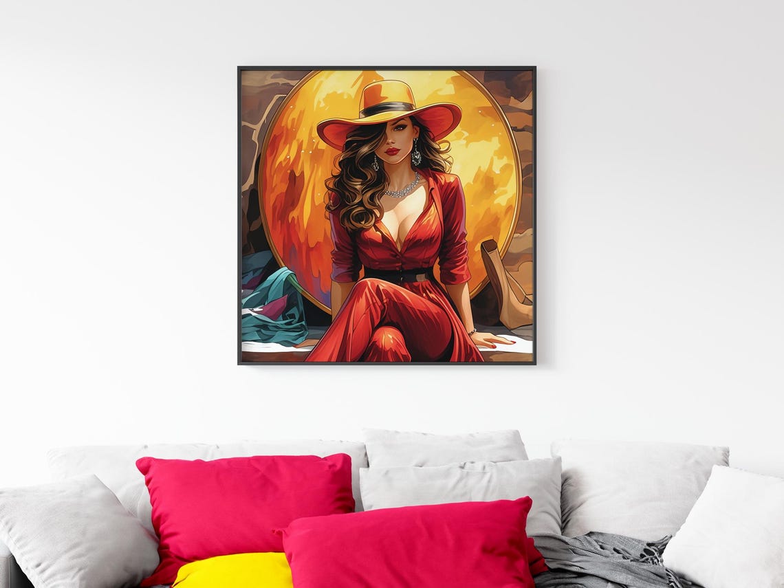 Illustration Of Gorgeous Woman In Red Posing Framed Poster Woman In Red Dress And Big Hat Woman In Red Wall Art Wall Hanging Illustration - Image 5
