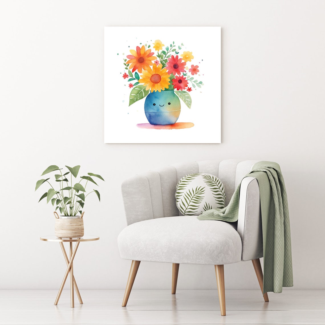 Smiling Vase Watercolor Flowers Cute Happy Bouquet Nursery Poster - Image 4